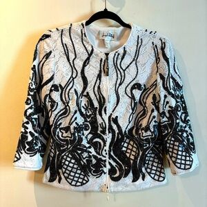 JOSEPH RIBKOFF Sz 8 Blazer Jacket Zipper Closure Lace Sequin 3/4 Sleeve  Lined